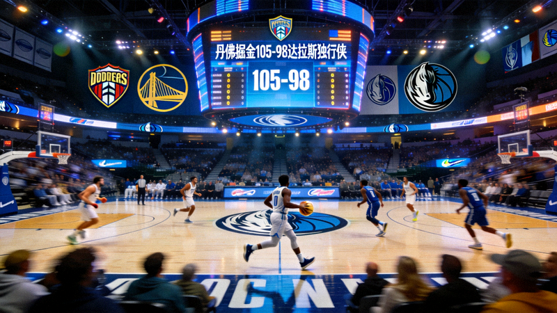 NBA丹佛掘金对阵达拉斯独行侠直播画面,球馆中央大屏亮起比分