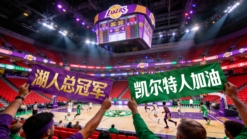 NBA洛杉矶湖人对阵波士顿凯尔特人直播画面,球馆内球迷高举应援牌