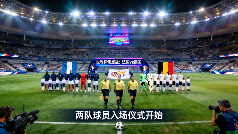世界杯法国对阵德国焦点战直播画面,两队球员在球场中央列队入场